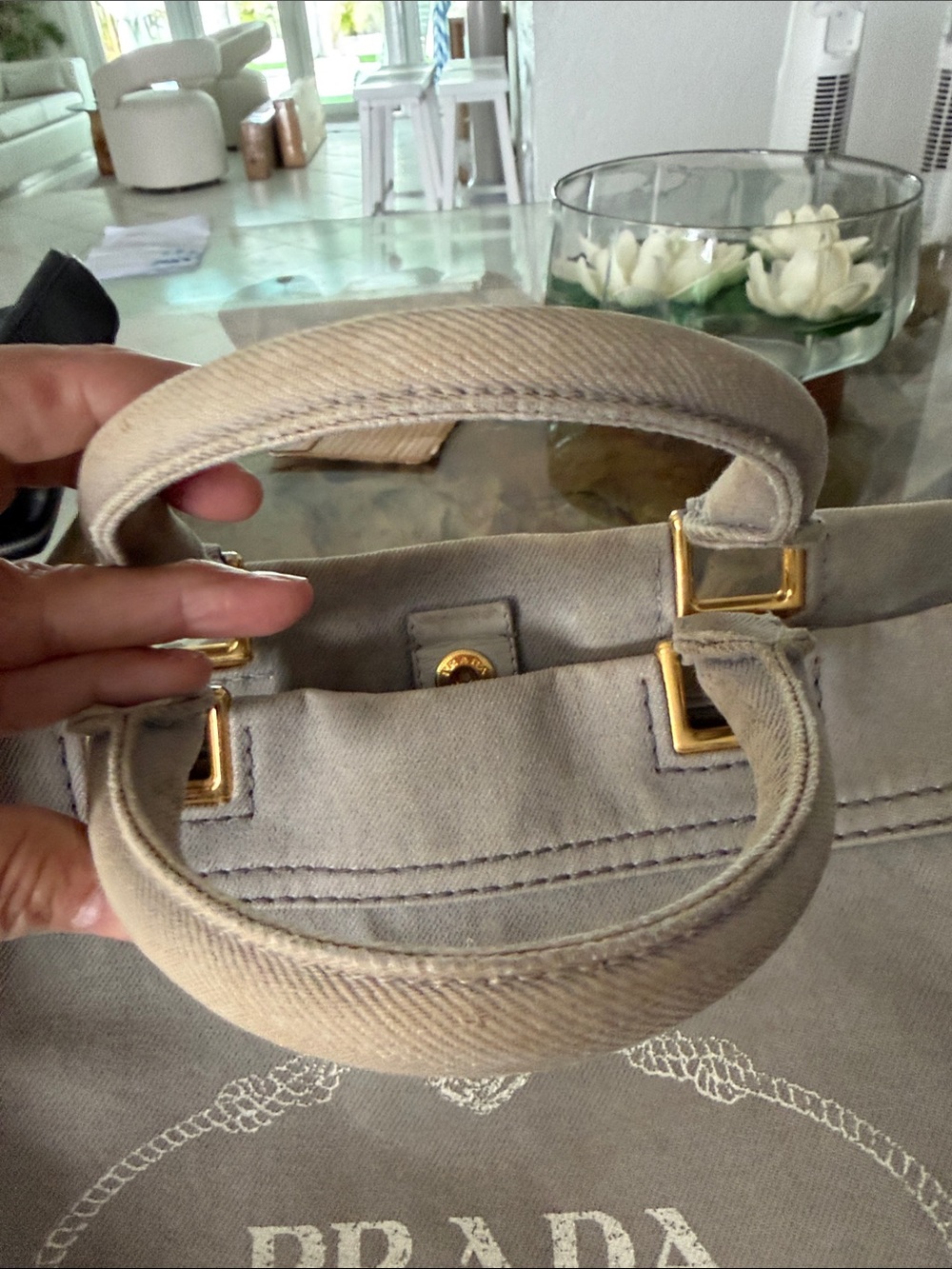 Prada Taupe Canvas Travel Tote with Gold Hardware - Picture 2 of 9